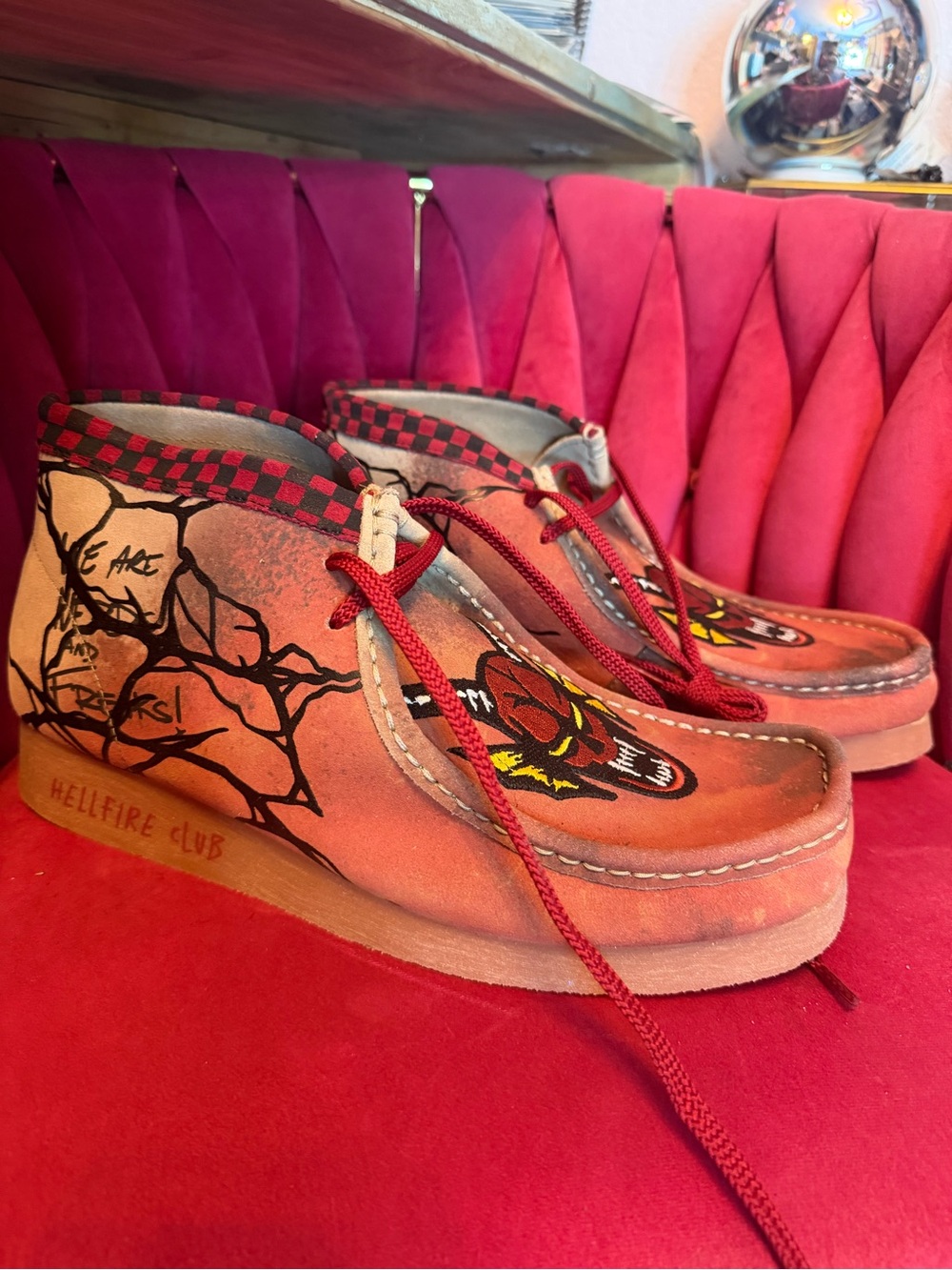 Dr. Martens Red Graphic Suede Moccasins with Checker Trim